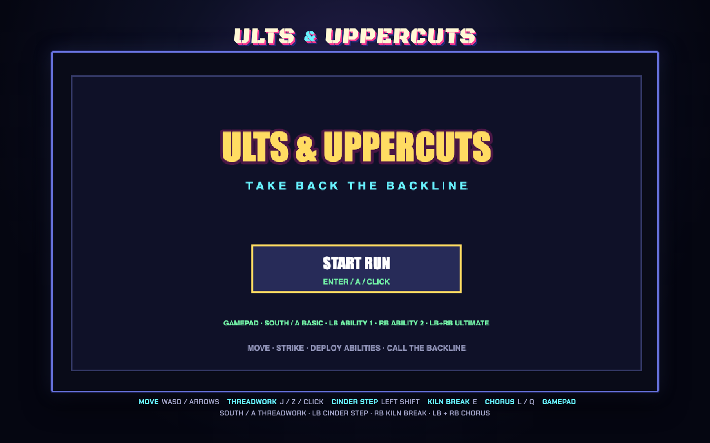 Ults & Uppercuts game start screen with a Start Run button and arcade-style controls